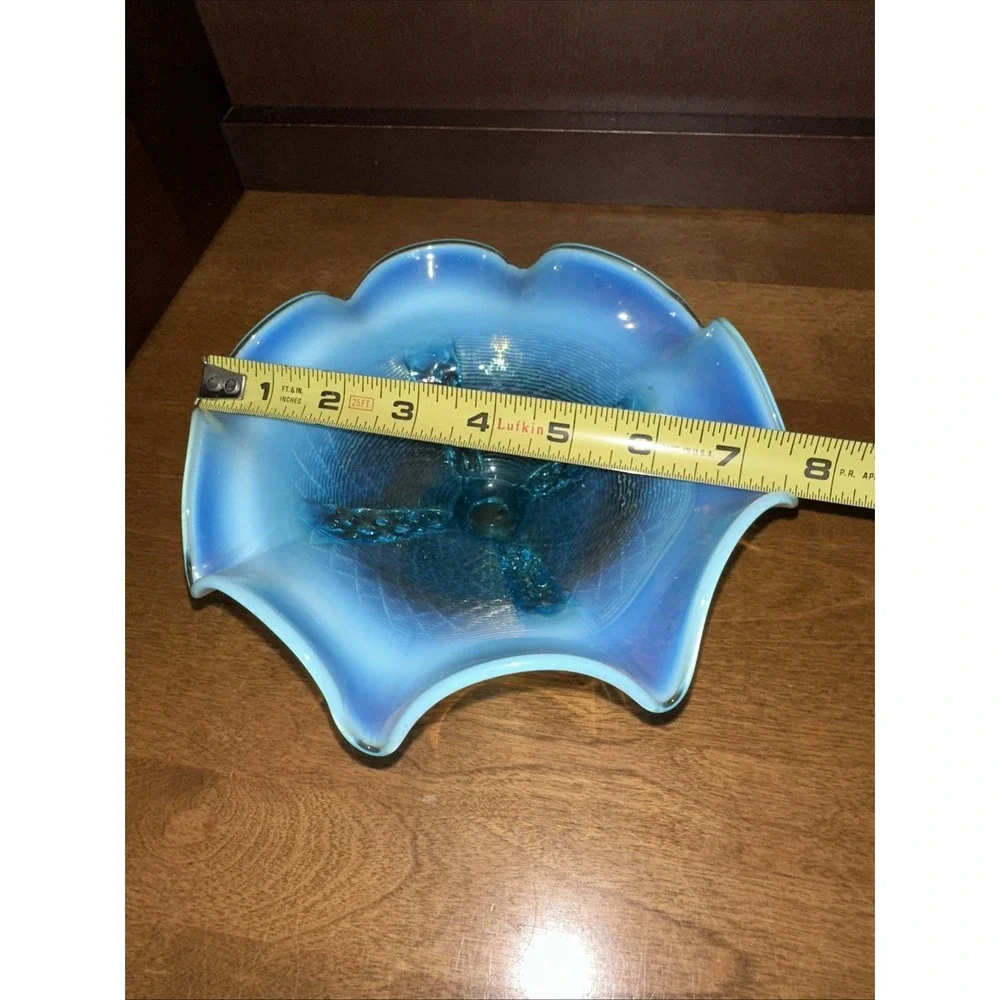 Northwood or Dugan Glass Pedestal Bowl Blue Opalescent Glass Antique 7.5